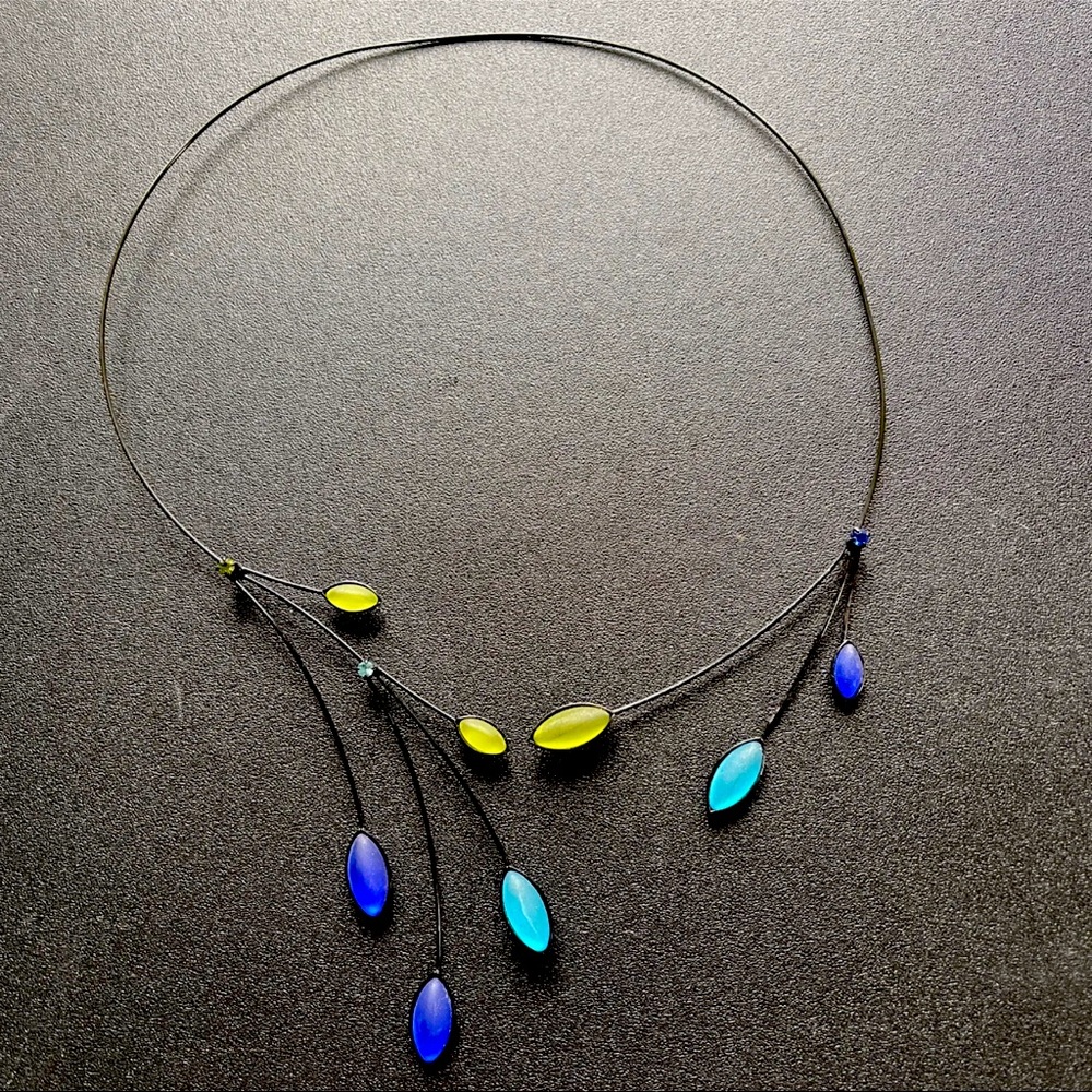 Black Wire branch leaf necklace czech glass peacock 18 inch